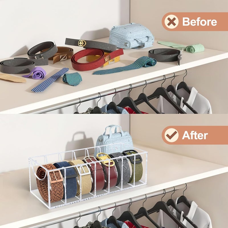 Oubou Store Belt Organizer, Acrylic Belt Storage Organizer for Closet with Dust Cover and Drawer,7 Compartments Transparent Display Case for Belts - Image 4